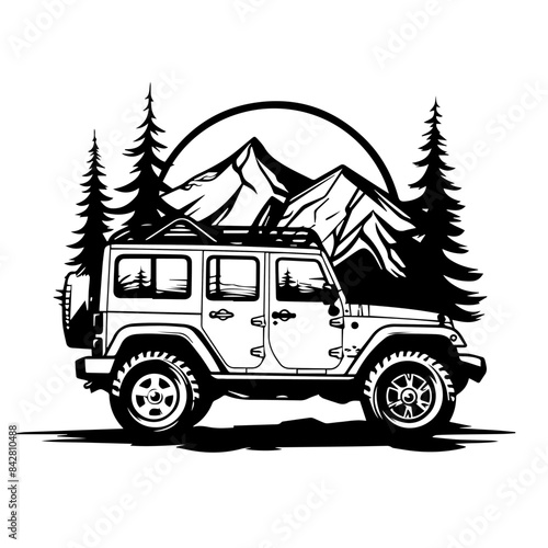 Camping jeep 4x4 with mountain, pine trees and moon in background