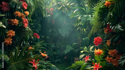 Jungle vibes with dense foliage  exotic flowers  and hidden wildlife