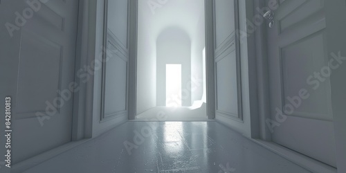 lighted door at the end of the cold  white corridor 