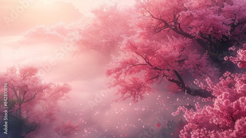 Cherry blossom trees in full bloom, soft pink flowers and gentle breeze