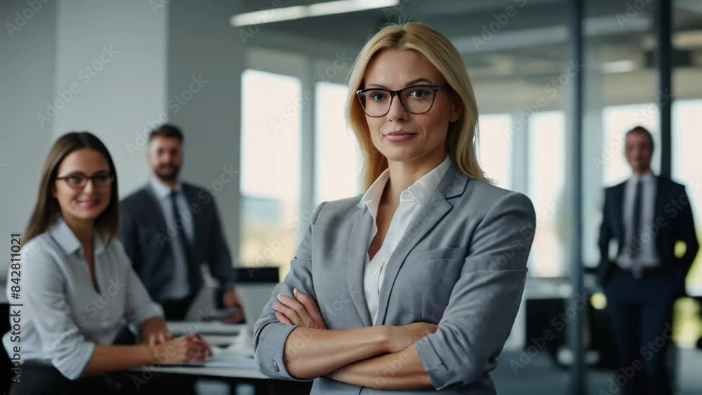 Portrait of confident businesswoman standing in office with colleagues in background Portrait of confident businesswoman standing in office with colleagues in background