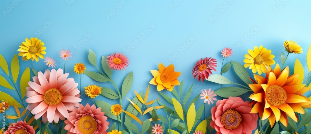 On a blue background, 3D orange flowers and leaves with paper cut style are displayed on a floral background. On a blue background, 3D orange flowers and leaves with paper cut style are displayed on a floral background.