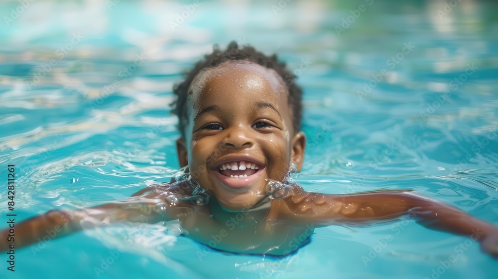 happy young african american child learning to swim in a clear blue pool summer vacation concept happy young african american child learning to swim in a clear blue pool summer vacation concept