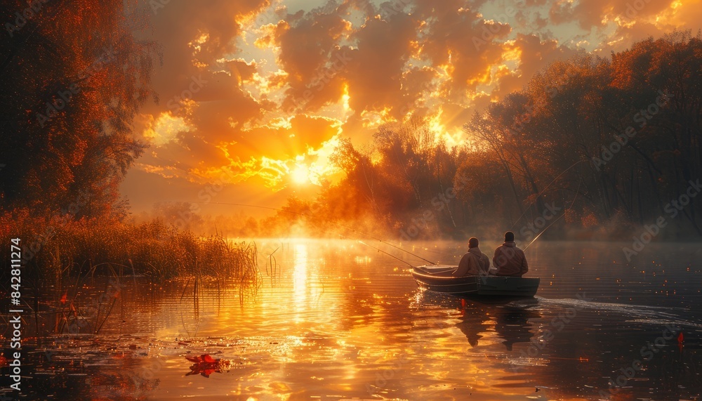 Dad and son fishing together on a serene lake, with fishing gear and a boat Dad and son fishing together on a serene lake, with fishing gear and a boat