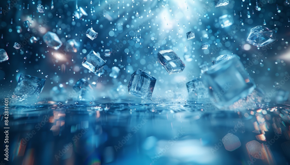 Virtual reality environment with floating geometric shapes and digital raindrops falling Virtual reality environment with floating geometric shapes and digital raindrops falling