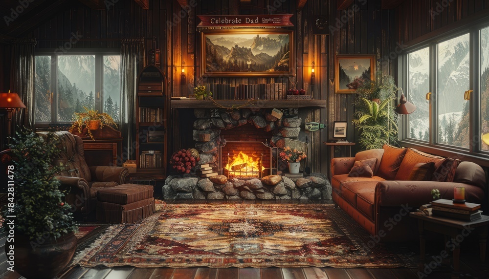 A cozy living room with a fireplace, decorated with a banner that says A cozy living room with a fireplace, decorated with a banner that says