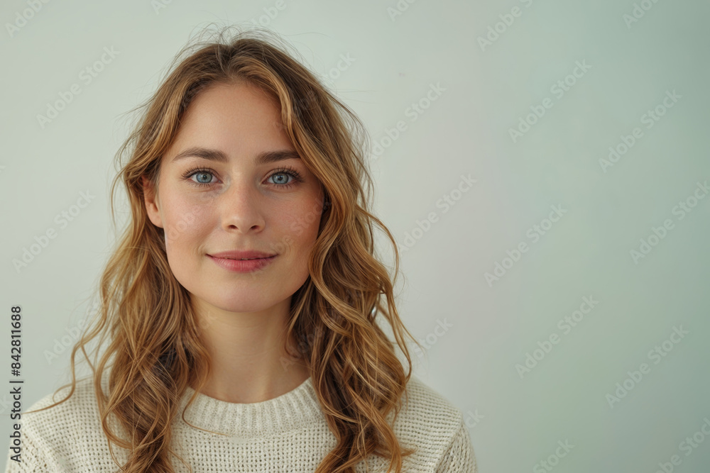 Portrait of a young Caucasian woman with wavy light brown hair and freckles, wearing a cream-colored knitted sweater, against a neutral background Portrait of a young Caucasian woman with wavy light brown hair and freckles, wearing a cream-colored knitted sweater, against a neutral background