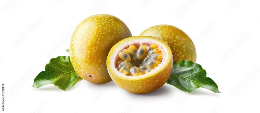 Passion fruit isolated on white background for package design with maraquia whole and half. Passion fruit isolated on white background for package design with maraquia whole and half.