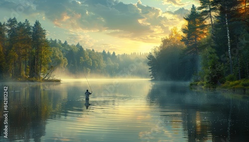 Man Fishing in a Quiet Lake Surrounded by Dense Forest Calm Water Reflecting the Trees Soft Evening Light