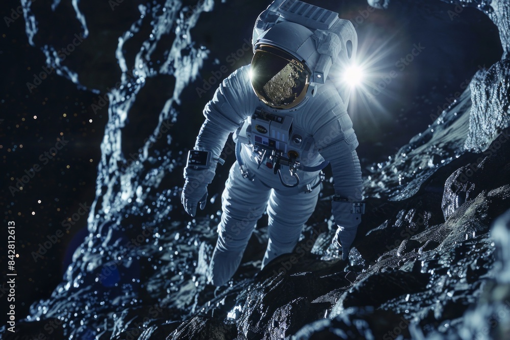 Fototapeta premium The astronaut paused for a moment, gazing at the horizon, before resuming his walking, driven by the desire to explore the planet and discover what lies beyond the next ridge