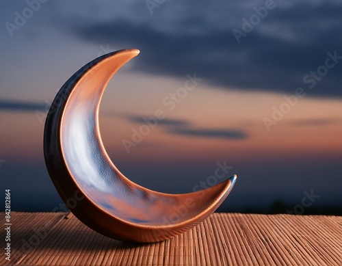 a minimalist still life, with an abstract crescent moon-shaped ceramic vase against a soft dark sky background
