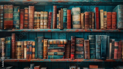 In the library, an old bookshelf with many old books. Vintage background. Stock.