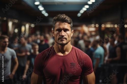 A determined look of someone training intensely in a busy gym., generative IA photo