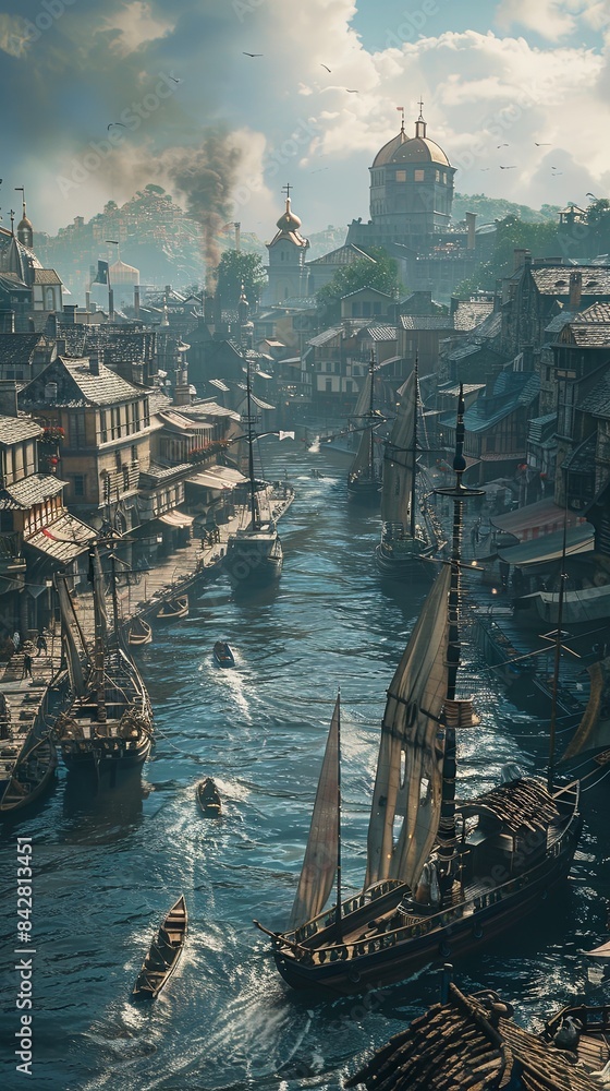 Fototapeta premium A bustling city harbor, realistic.