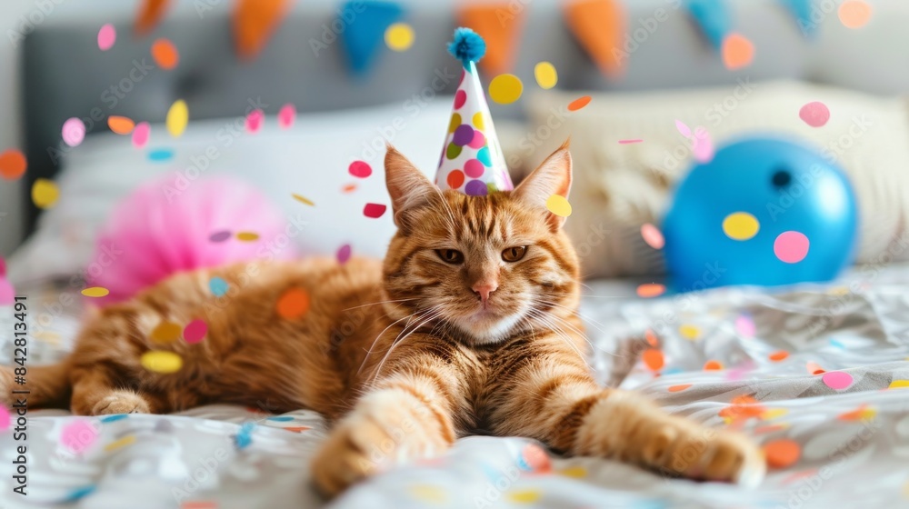 A cute ginger cat in a hat celebrates his birthday amid garlands on a blue background. A generational algorithm created by Google. A cute ginger cat in a hat celebrates his birthday amid garlands on a blue background. A generational algorithm created by Google.