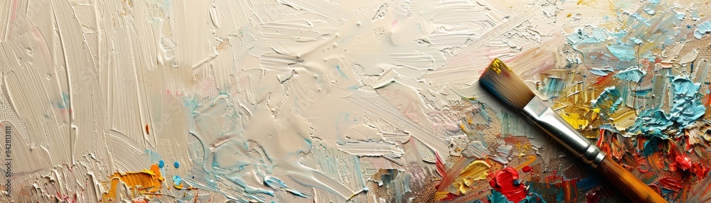 Obraz premium Close-up of colorful palette knife painting with brush on textured canvas art abstract background