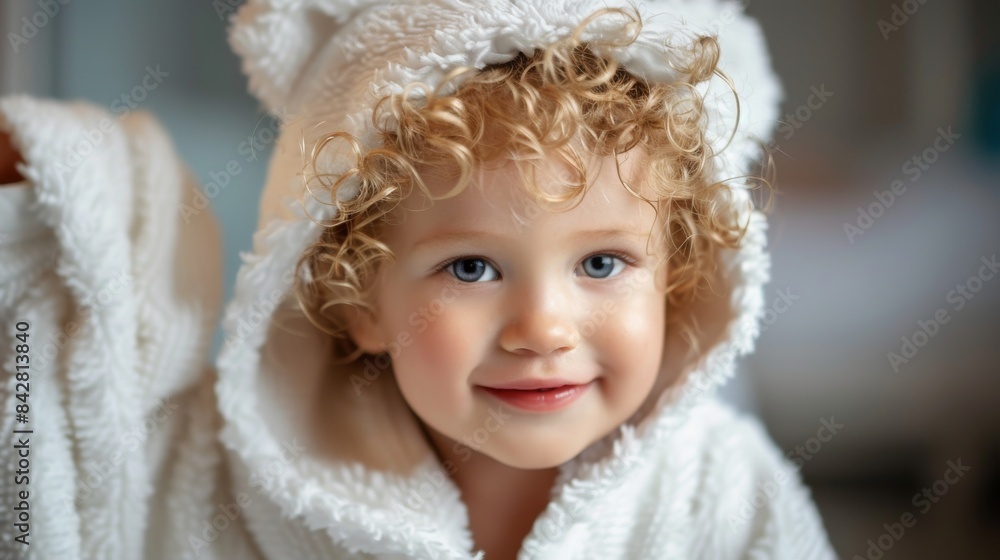An Stock image of a smiling little baby resting on a bed in a white towel. An Stock image of a smiling little baby resting on a bed in a white towel.