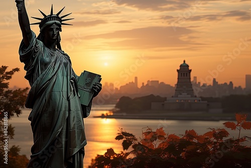 The majestic statue of freedom at the entrance of New York., generative IA