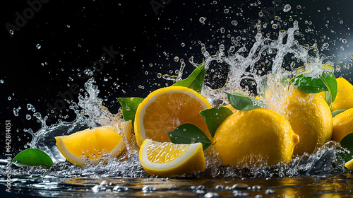Lemons and lemon slices with water splash isolated on a dark background