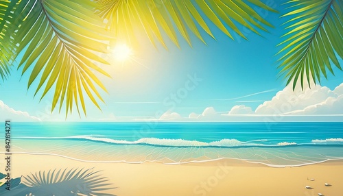 Summer and Travel concept design. Clean landscape of sea and beach. Beautiful nature palm leaf on tropical beach with sun light abstract background with copy space. Vector illustration  AI