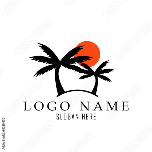 a summer logo with two palm trees and sun suitable for summer vacation