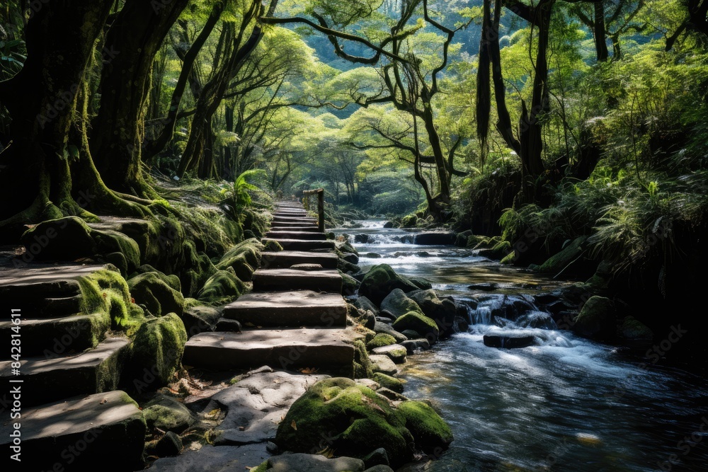 Tropical Forest in Hawaii with waterfalls and trails., generative IA Tropical Forest in Hawaii with waterfalls and trails., generative IA