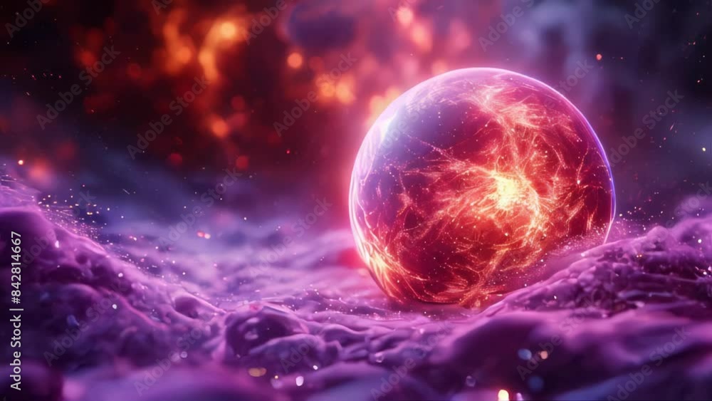 Magic abstract crystal purple energy sphere ball with particles and glowing lines on dark background Magic abstract crystal purple energy sphere ball with particles and glowing lines on dark background
