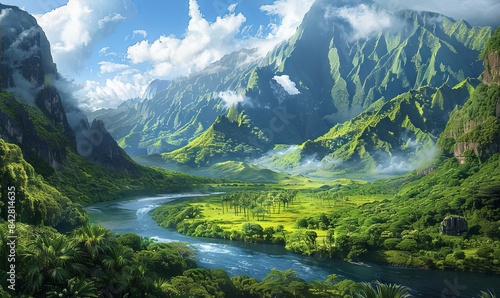 A serene mountain valley with a meandering river, towering cliffs, and lush greenery. Realistic.