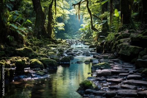 Tropical Forest in Hawaii with waterfalls and trails.  generative IA