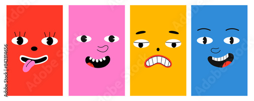 Set of funny people faces, Various people face funny emotions. Colorful set of avatar designs, modern flat cartoon character collection in simple doodle style for psychological concept