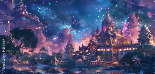 artistic watercolor rendition of a godfilled planet  featuring intricate temples and serene ponds under a starfilled sky
