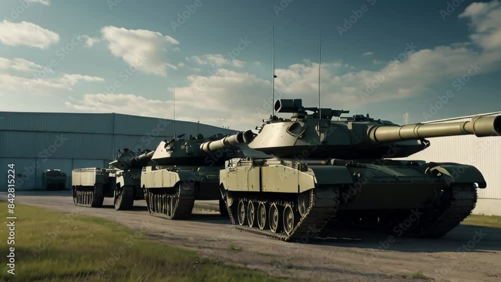 Close-up of military equipment of an armored combat tank in a warehouse Close-up of military equipment of an armored combat tank in a warehouse