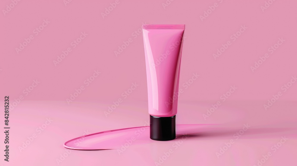 Experience elegance: Pink cosmetic tube with black cap on pink background, a refined packaging mockup for your branding needs Experience elegance: Pink cosmetic tube with black cap on pink background, a refined packaging mockup for your branding needs