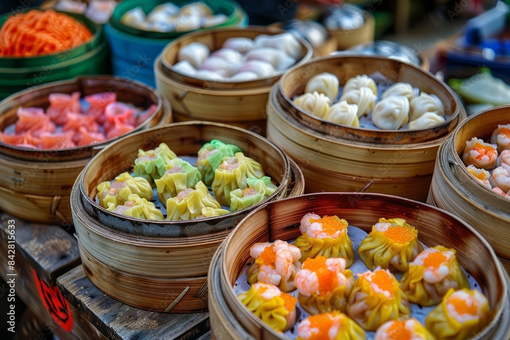 A variety of colorful dumplings steamed in bamboo baskets. A variety of colorful dumplings steamed in bamboo baskets.