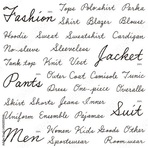 色々な種類の服の名称の筆記体の飾り英字