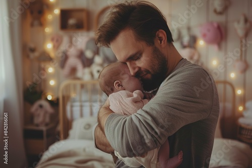 Young father holds and hugs newborn baby in bedroom at home. Parenting, love, newborn care concept photo