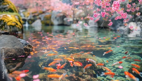 AI generator image of cherry blossom tree, sakura  Near a clear river And there are many Japanese koi in the water.