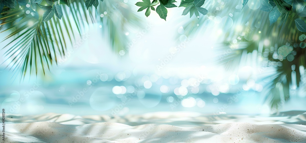 Beautiful blurred background of a sandy tropical beach and palm leaves with copy space for product display, conveying a summer vacation concept Beautiful blurred background of a sandy tropical beach and palm leaves with copy space for product display, conveying a summer vacation concept
