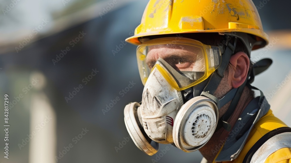 A worker wearing a respirator mask while handling potentially hazardous materials required for underground utility construction. A worker wearing a respirator mask while handling potentially hazardous materials required for underground utility construction.