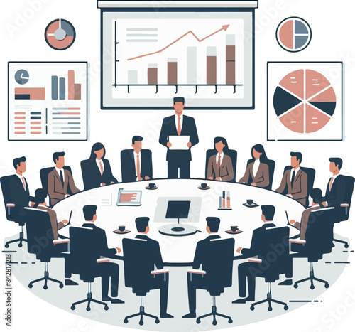 A vector image of a board of directors meeting, with people around a conference table, charts on the wall, and a presentation screen. Minimalist style with flat colors.