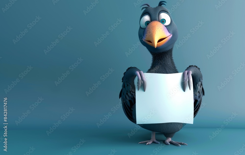 Obraz premium An adorable white goose hangs over an empty white poster. Stock.