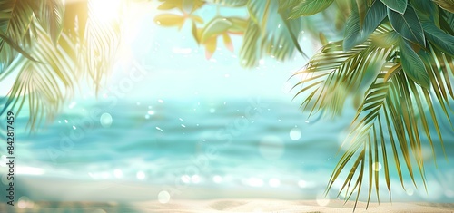 Beautiful blurred background of a sandy tropical beach and palm leaves with copy space for product display, conveying a summer vacation concept