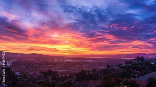 A wide-angle photo captures the vibrant colors of a sunset over a city