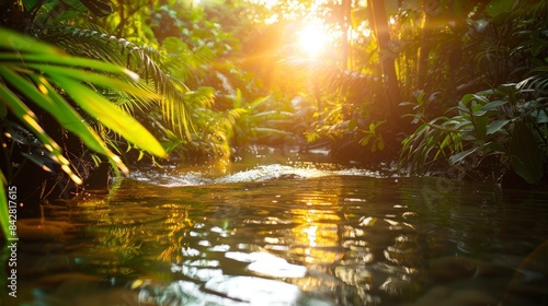 A close-up view of a peaceful forest stream reflecting the warm golden light of the setting sun  creating a serene and inviting atmosphere