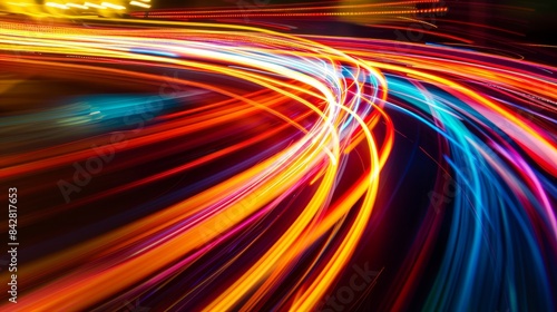 An abstract photograph of vibrant  colorful light trails created by moving light sources against a dark background. The trails form a dynamic and energetic composition