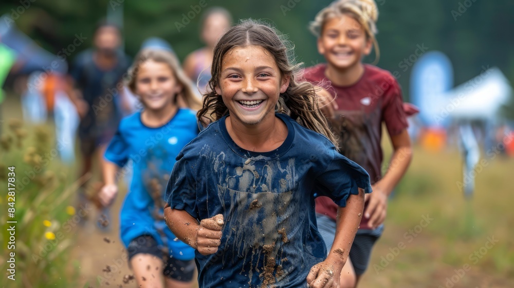 A family participating in a fun run, promoting community fitness and well-being. A family participating in a fun run, promoting community fitness and well-being.