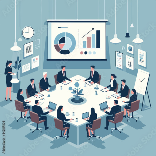 A vector image of a board of directors meeting, with people around a conference table, charts on the wall, and a presentation screen. Minimalist style with flat colors.