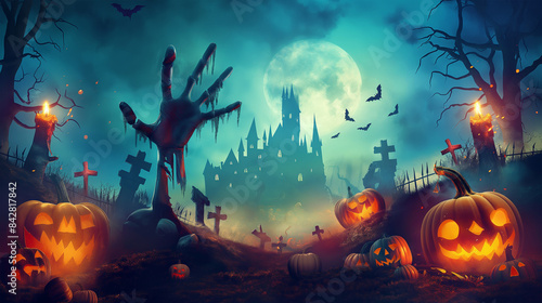 The zombie hand and Halloween background, Illustration