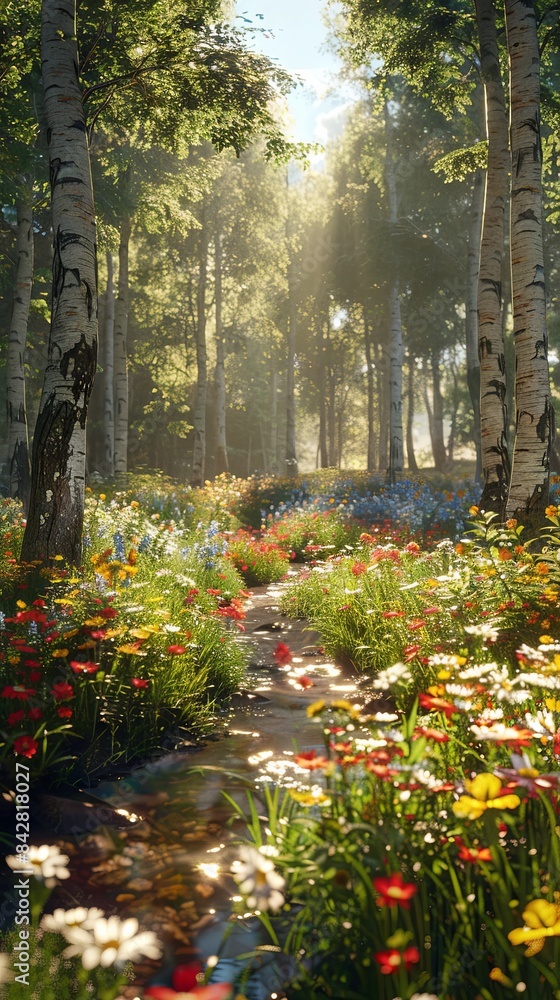 Obraz premium A tranquil forest glade with a stream and wildflowers, realistic.