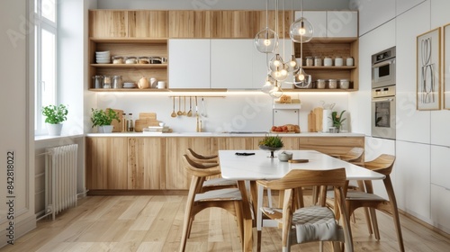 Wallpaper Mural Stylish kitchen with classic interior. Front view on white cabinet with wooden countertop, sink with faucet, electric oven, induction hob, vintage fridge, kitchenware, utensils and flowers in vase Torontodigital.ca